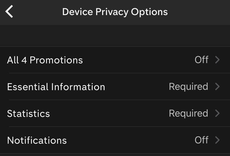 The All 4 app’s settings don’t let users turn off analytics cookies.