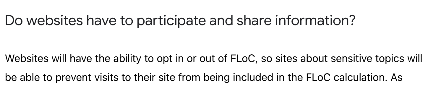 Screenshot from web.dev about the FLoC trial, “websites will have the ability to opt in or out of FLoC”.