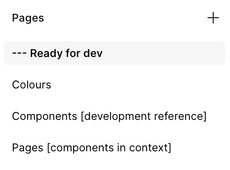 Screenshot of a Figma file showing pages separated off for development.