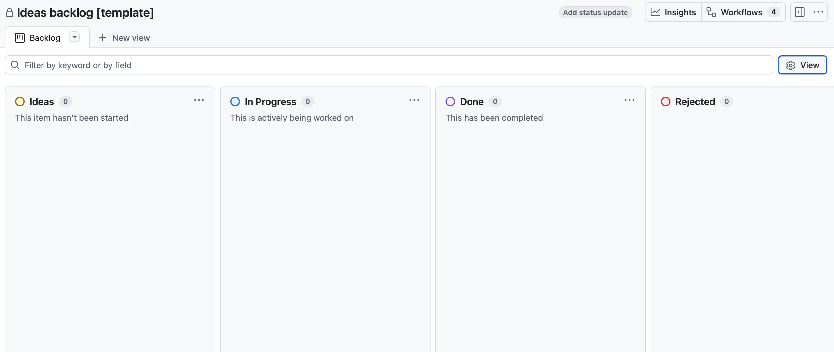 Screenshot of my empty GitHub ideas backlog kanban.