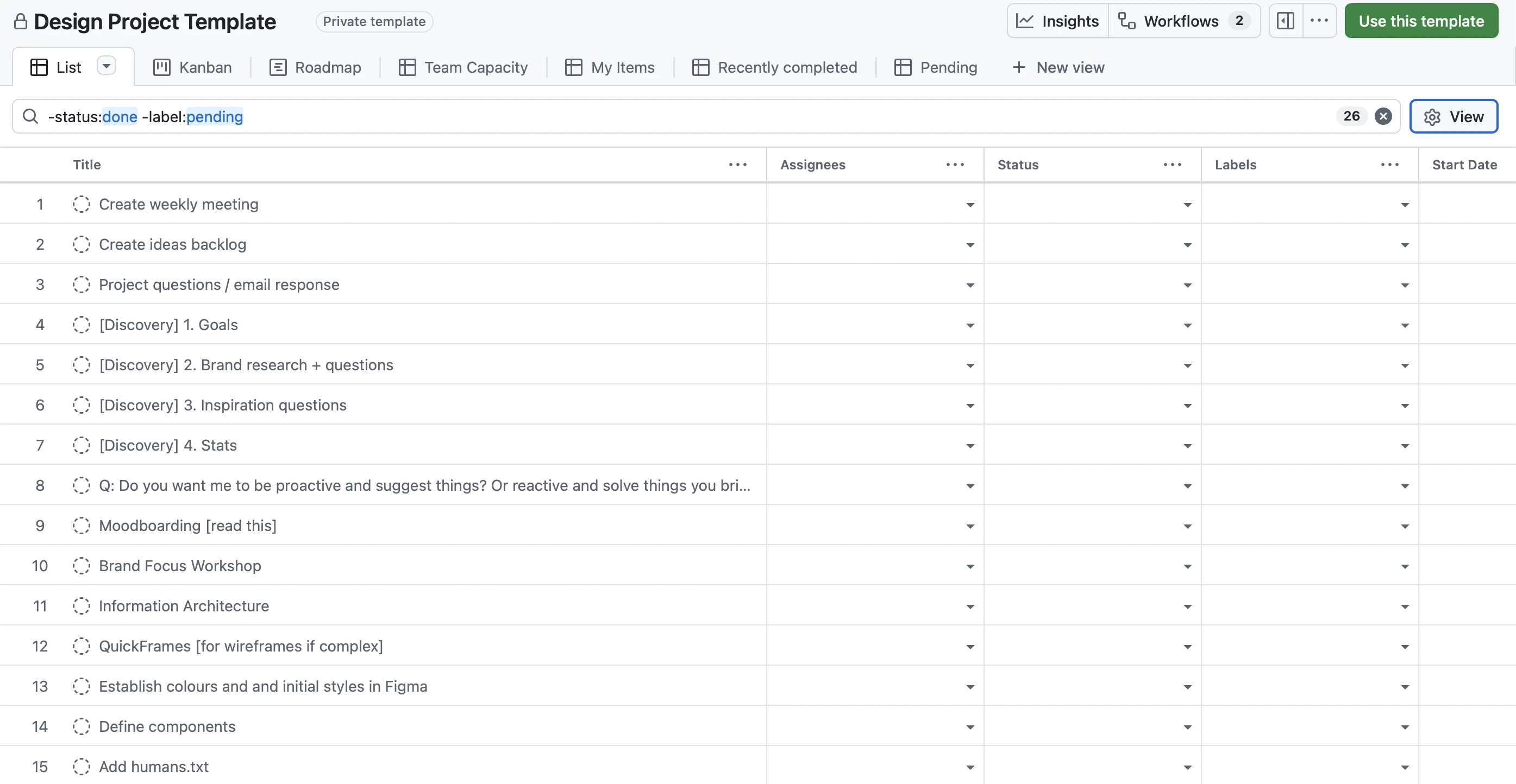 Screenshot of my empty GitHub project template.