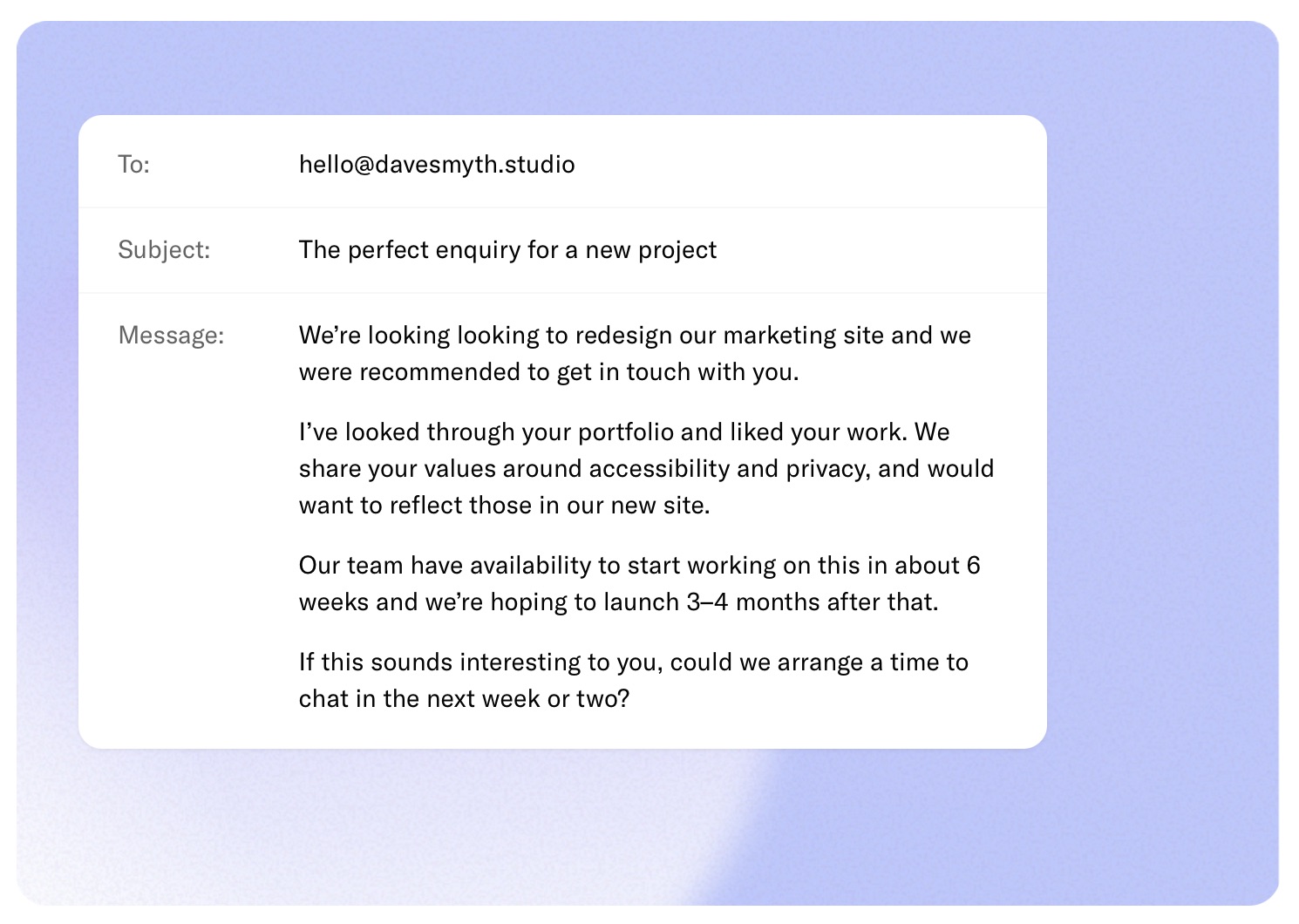 Screenshot from my new site – it’s a mocked-up email that gives clients a clue on what to write in an enquiry.