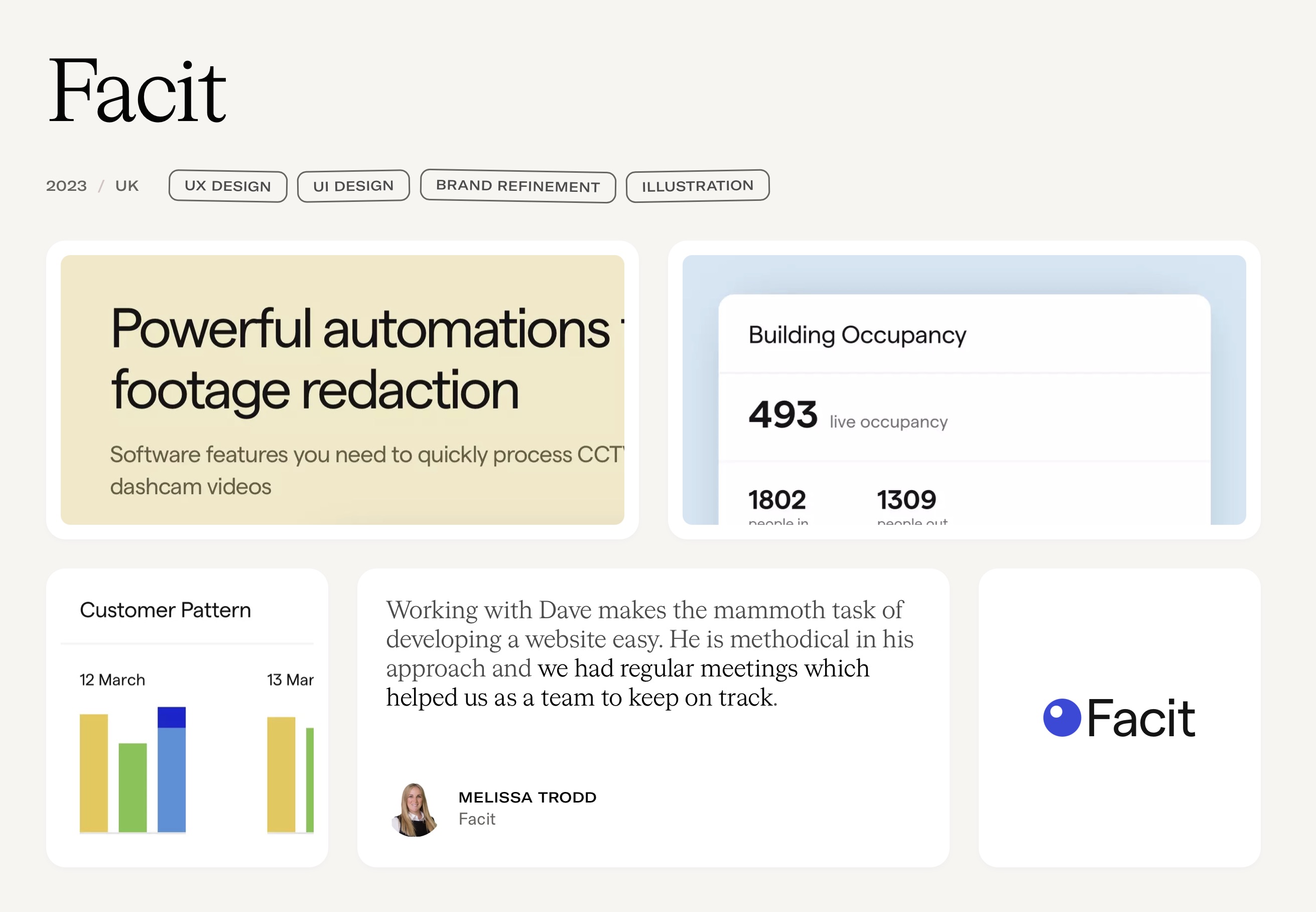 Screenshot of a bento box on my old studio site showing work with my client, Facit.