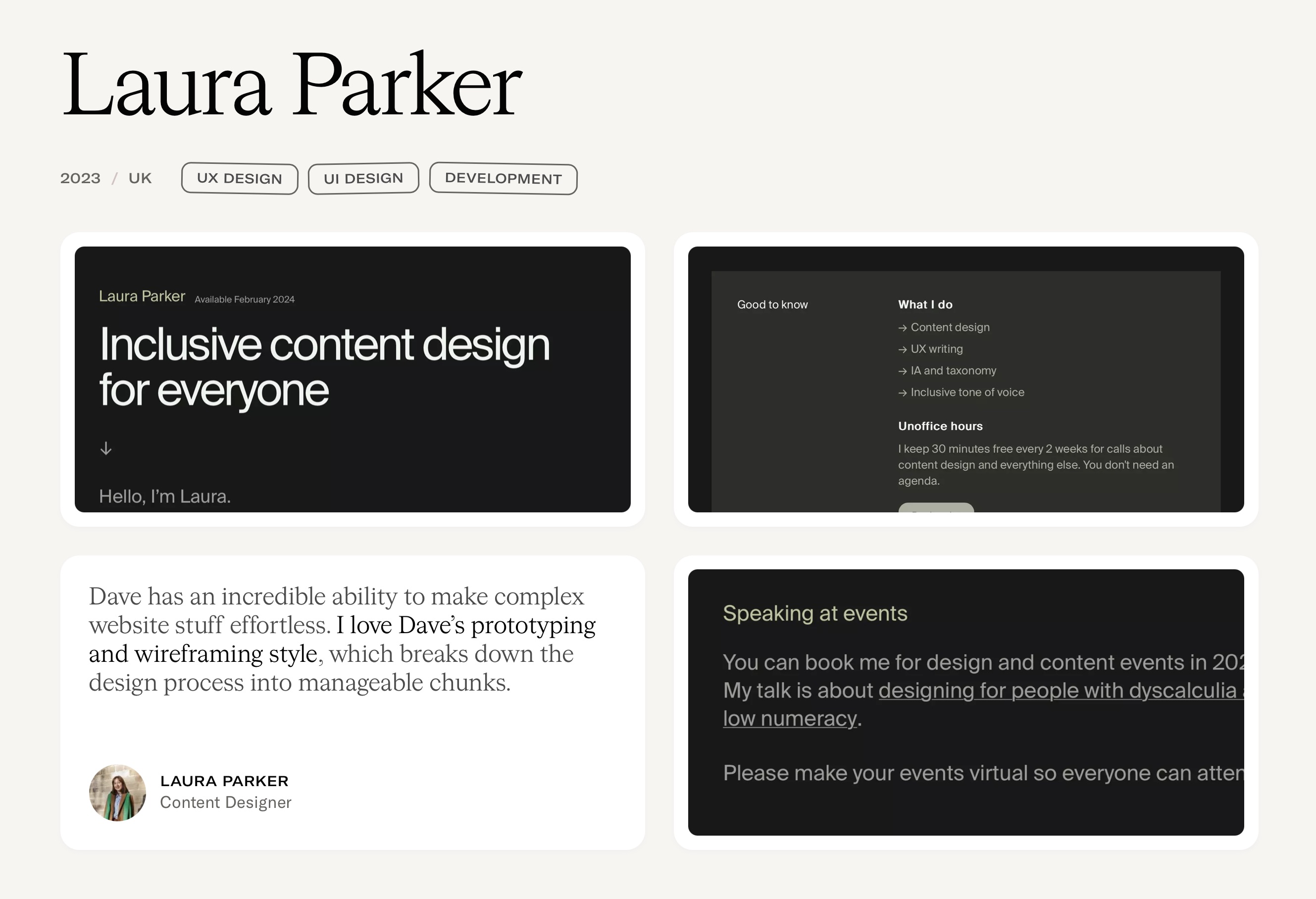 Screenshot of a bento box on my old studio site showing work with my client, Laura Parker.