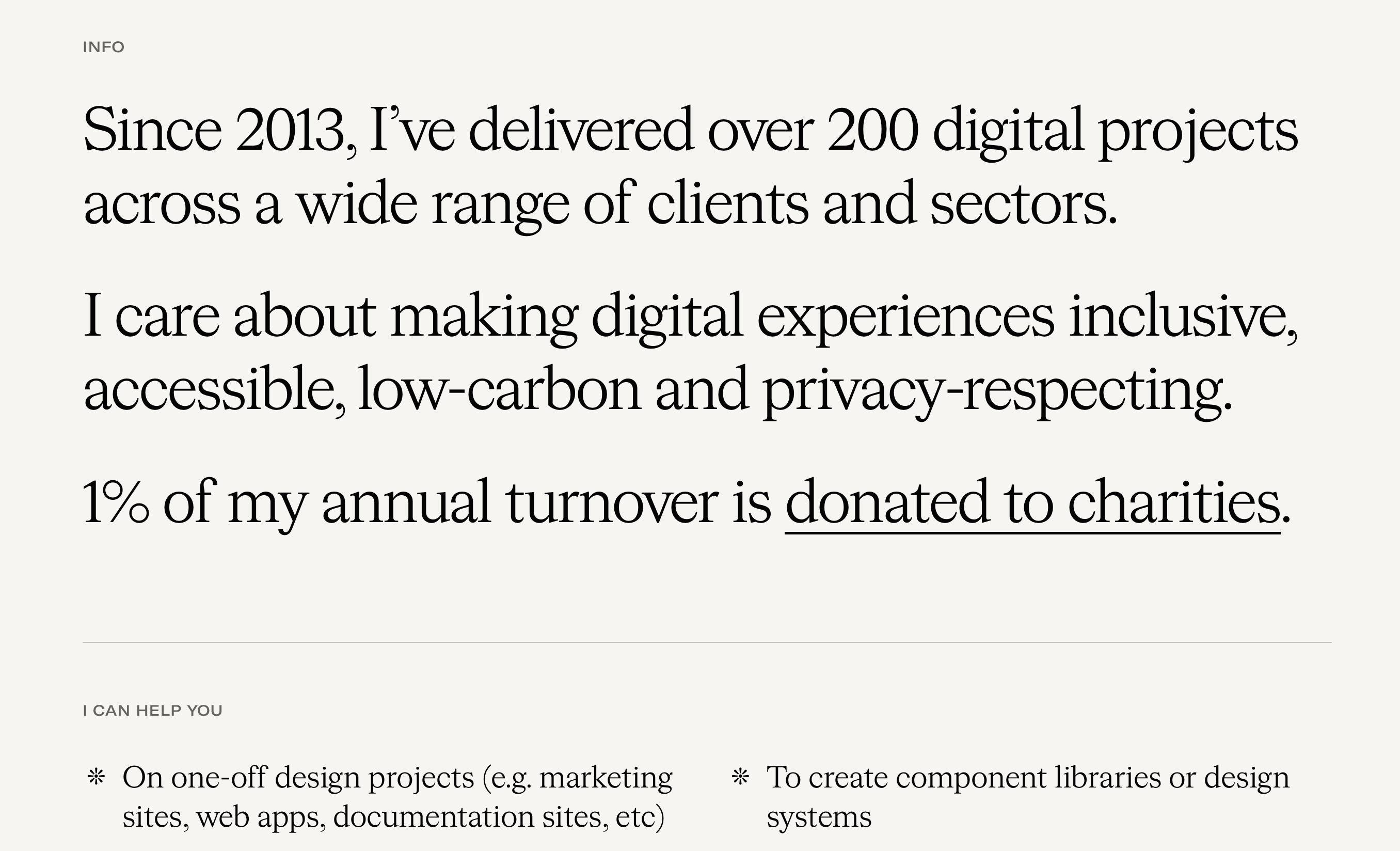 Screenshot of my old studio site’s large text – completely inappropriate for long form content.