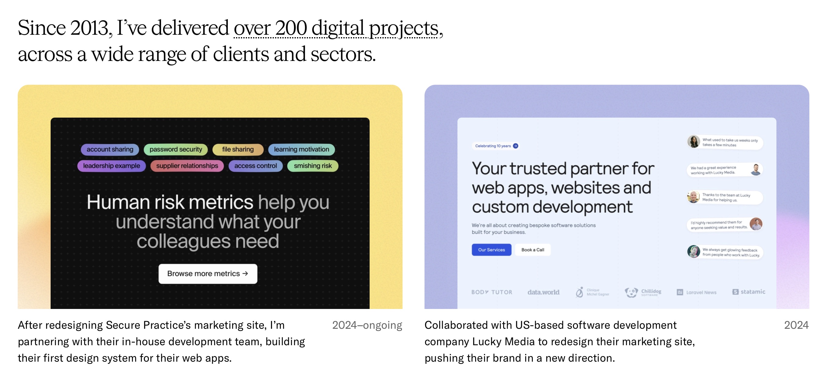 Screenshot from my new site showing project images and a brief description of my role in the project.