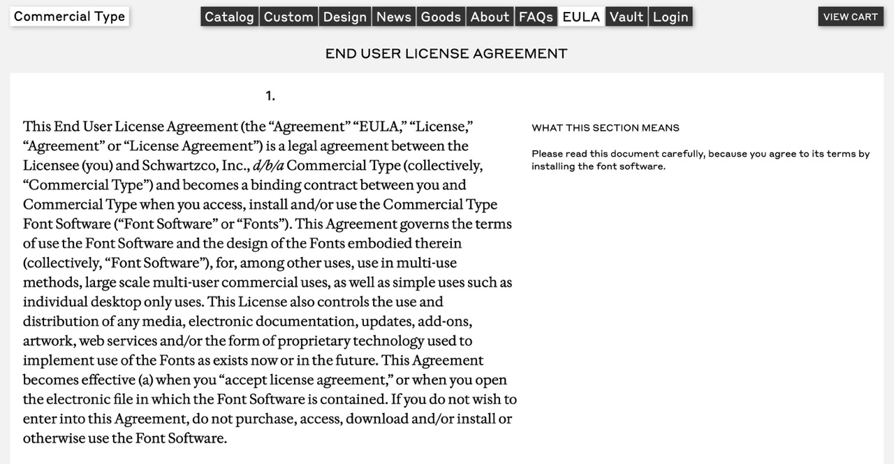 Screenshot of Commercial Type’s EULA, with clear plain-language summaries to the right of legal text.