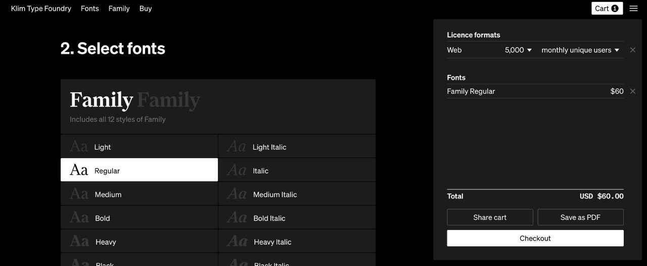 Screenshot of Klim’s checkout flow, with a button to easily share the card with a client.